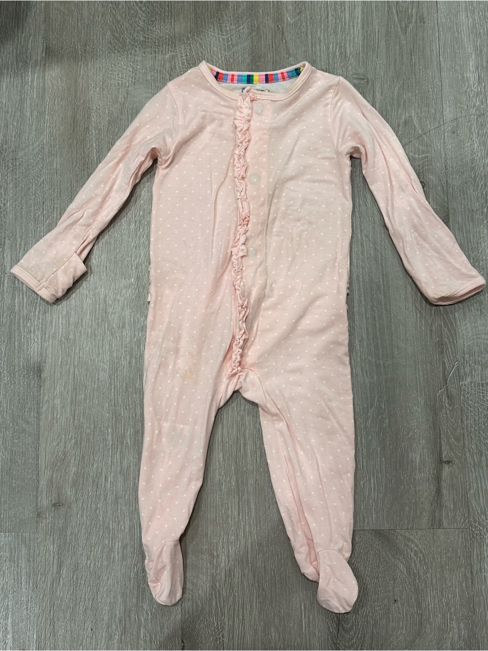 Magnetic Me Light Pink Polka Dot Footed One-Piece with Ruffle Trim